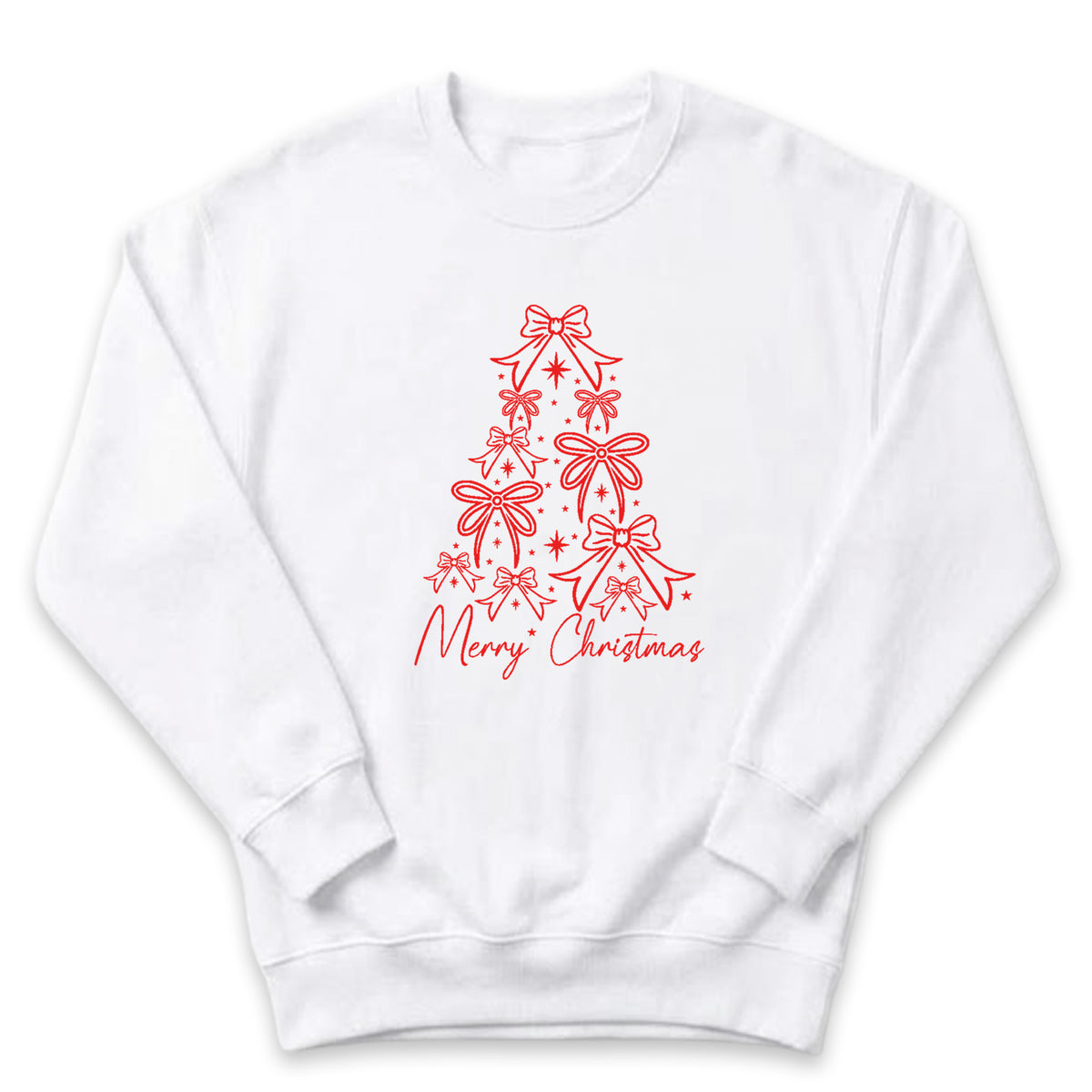A white sweatshirt with a red Christmas tree design and the text "Merry Christmas" printed on it.