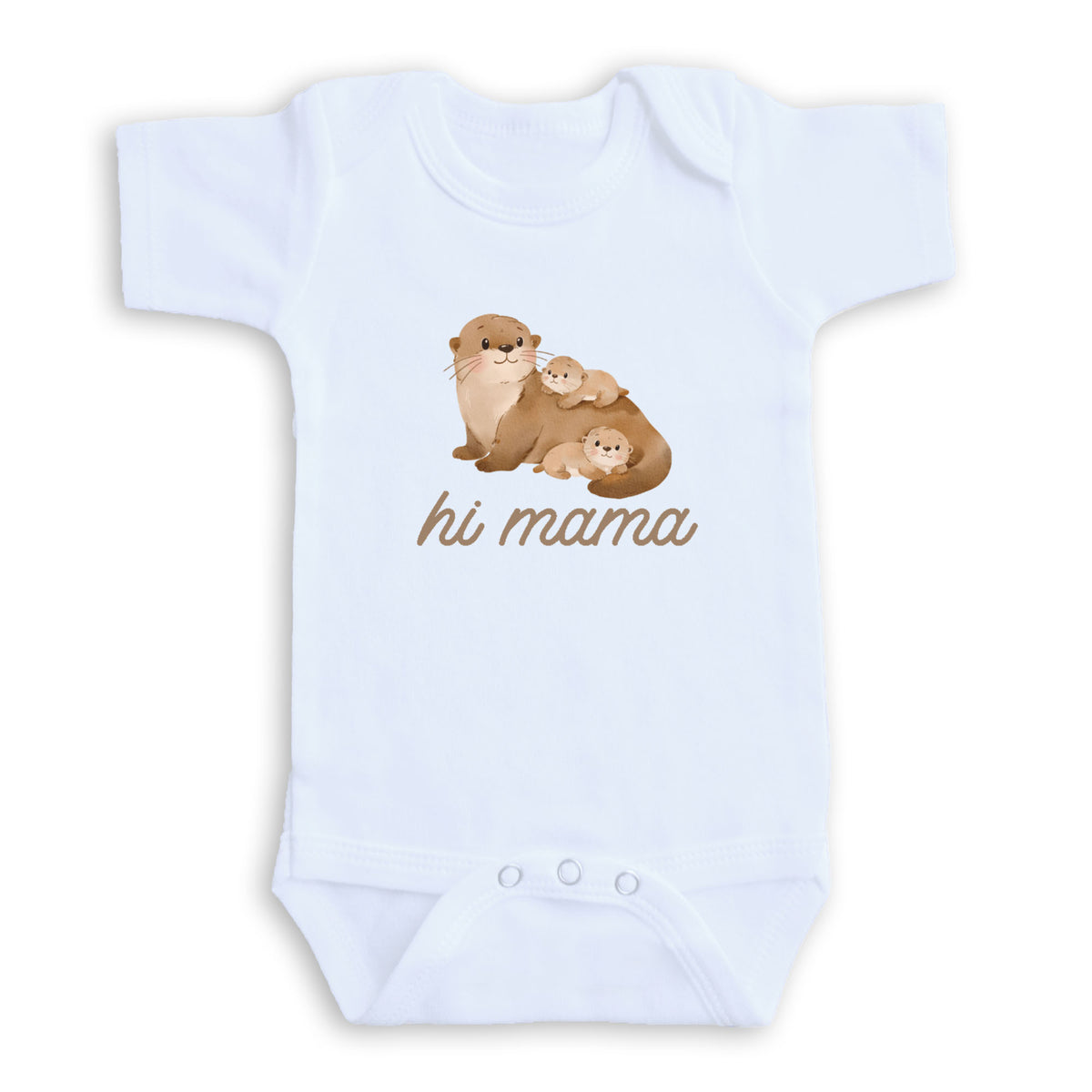 A white baby onesie with a graphic of a mother otter and the text "hi mama" printed on it.