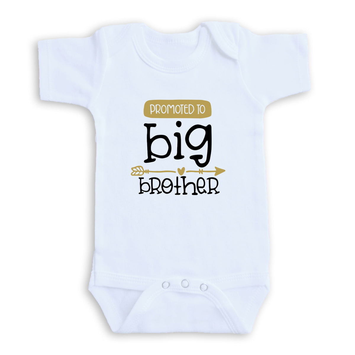 A white baby onesie with a printed message that reads "Promoted to big brother".