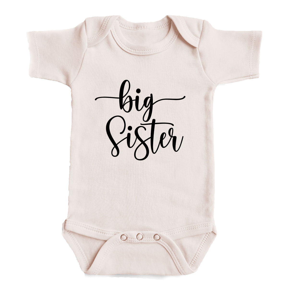 A baby onesie with the text "big Sister" printed on it.