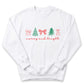 A white sweatshirt with a graphic design featuring Christmas trees and bows, along with the text "merry and bright" written below.