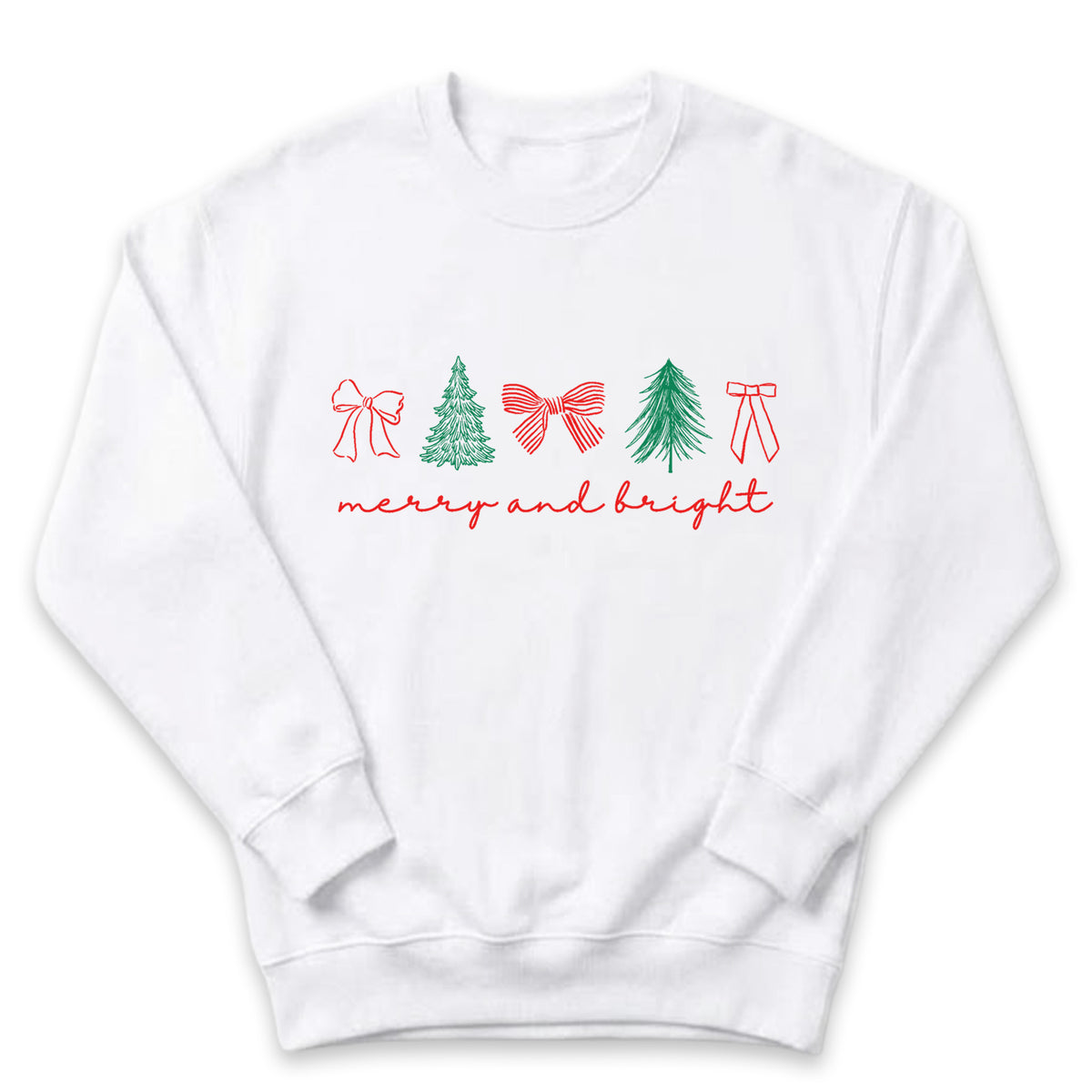 A white sweatshirt with a graphic design featuring Christmas trees and bows, along with the text "merry and bright" written below.