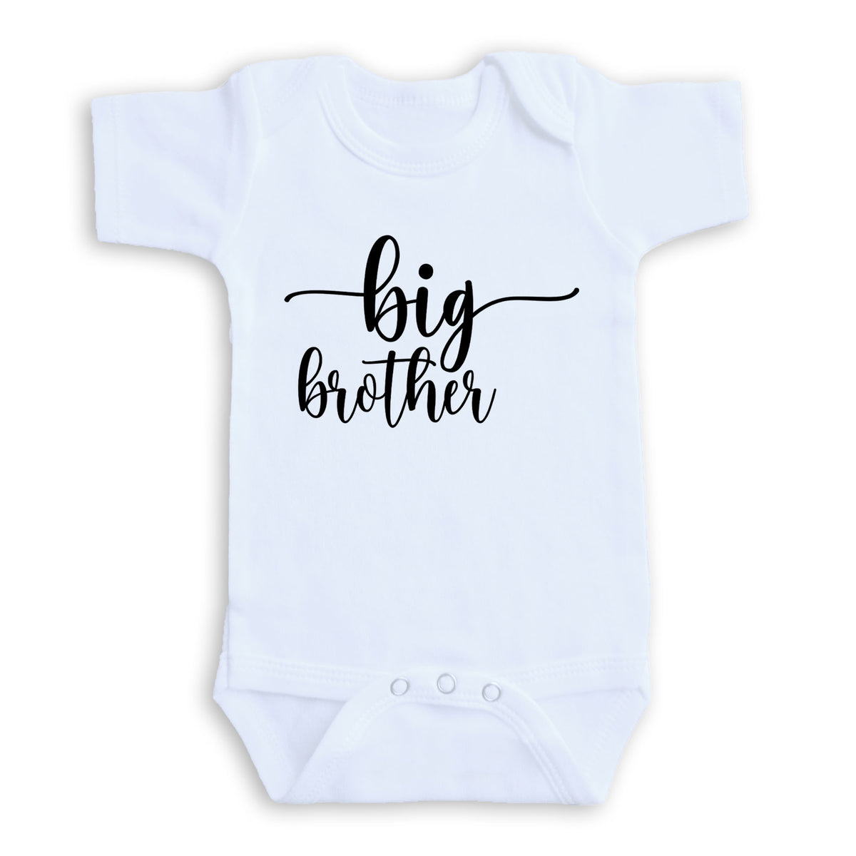 A white baby onesie with the text "big brother" printed on it.