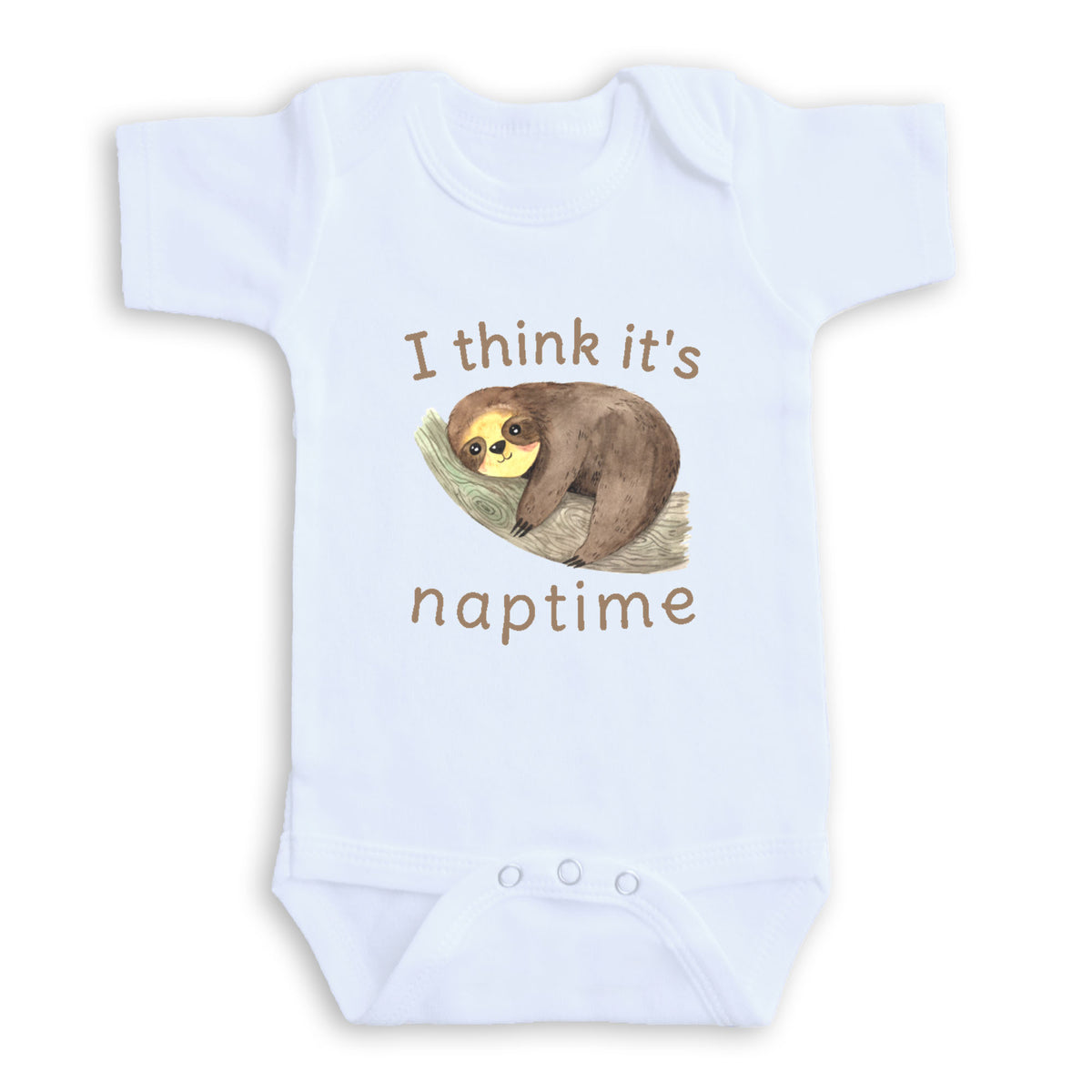 A white baby onesie with a sloth graphic and the text "I think it's naptime" printed on it.