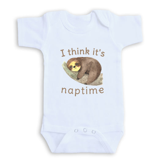 A white baby onesie with a sloth graphic and the text "I think it's naptime" printed on it.