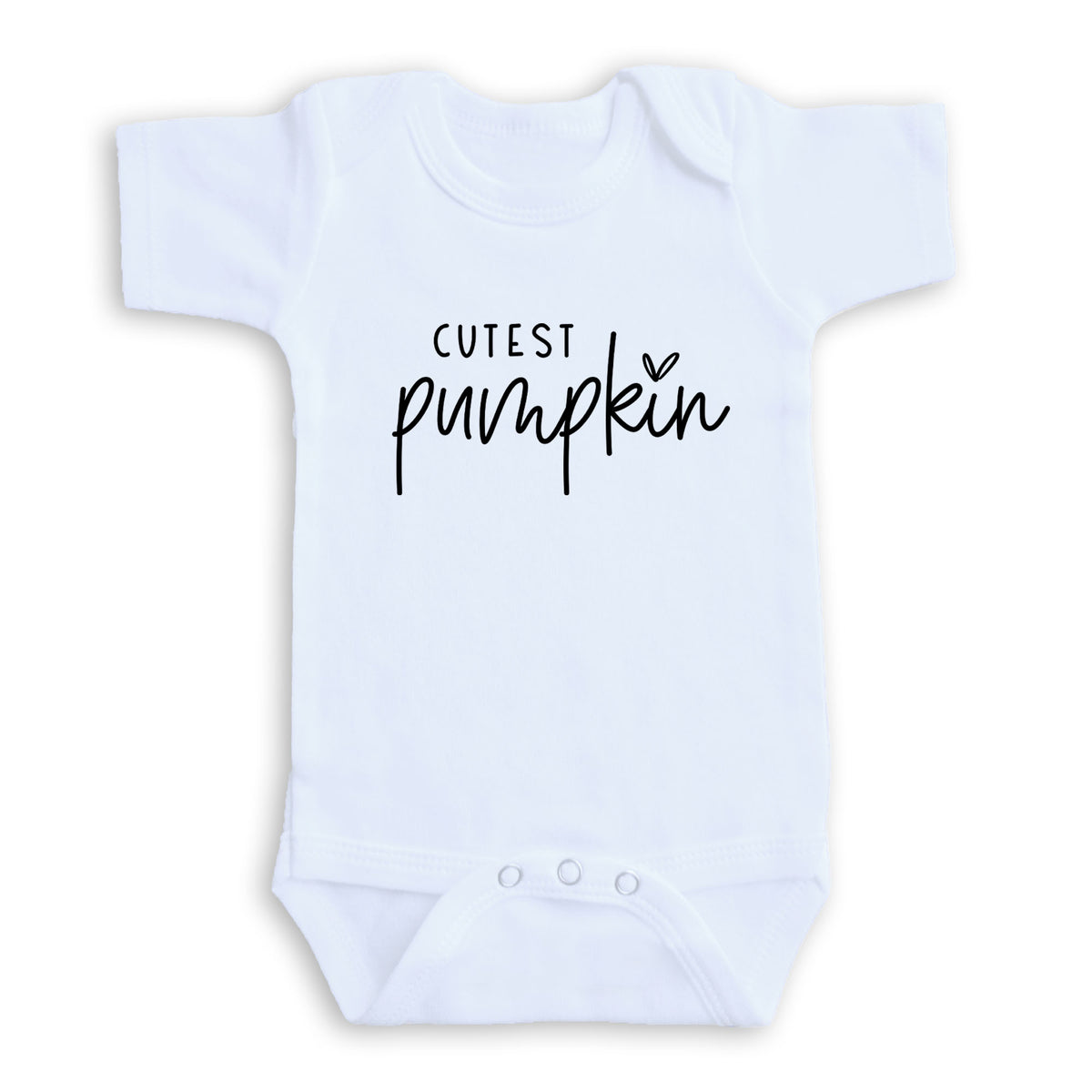 A white baby onesie with the text "CUTEST PUMPKIN" printed on it.