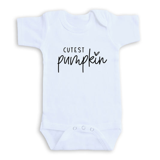 A white baby onesie with the text "CUTEST PUMPKIN" printed on it.