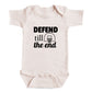 A baby onesie with the text "DEFEND TILL THE END" printed on it.