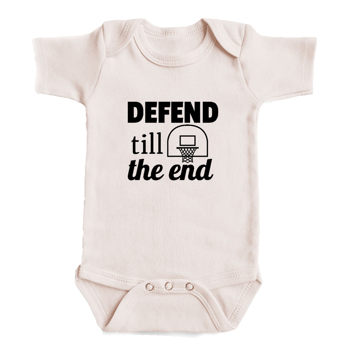 A baby onesie with the text "DEFEND TILL THE END" printed on it.