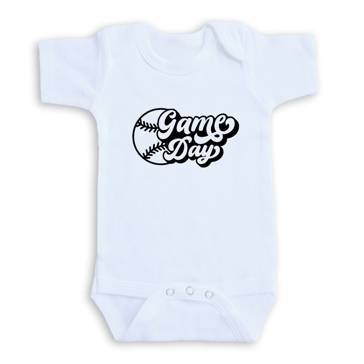 A white baby onesie with the text "Game Day" printed on it.
