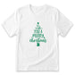 A white t-shirt with a green Christmas tree design and text printed on it.