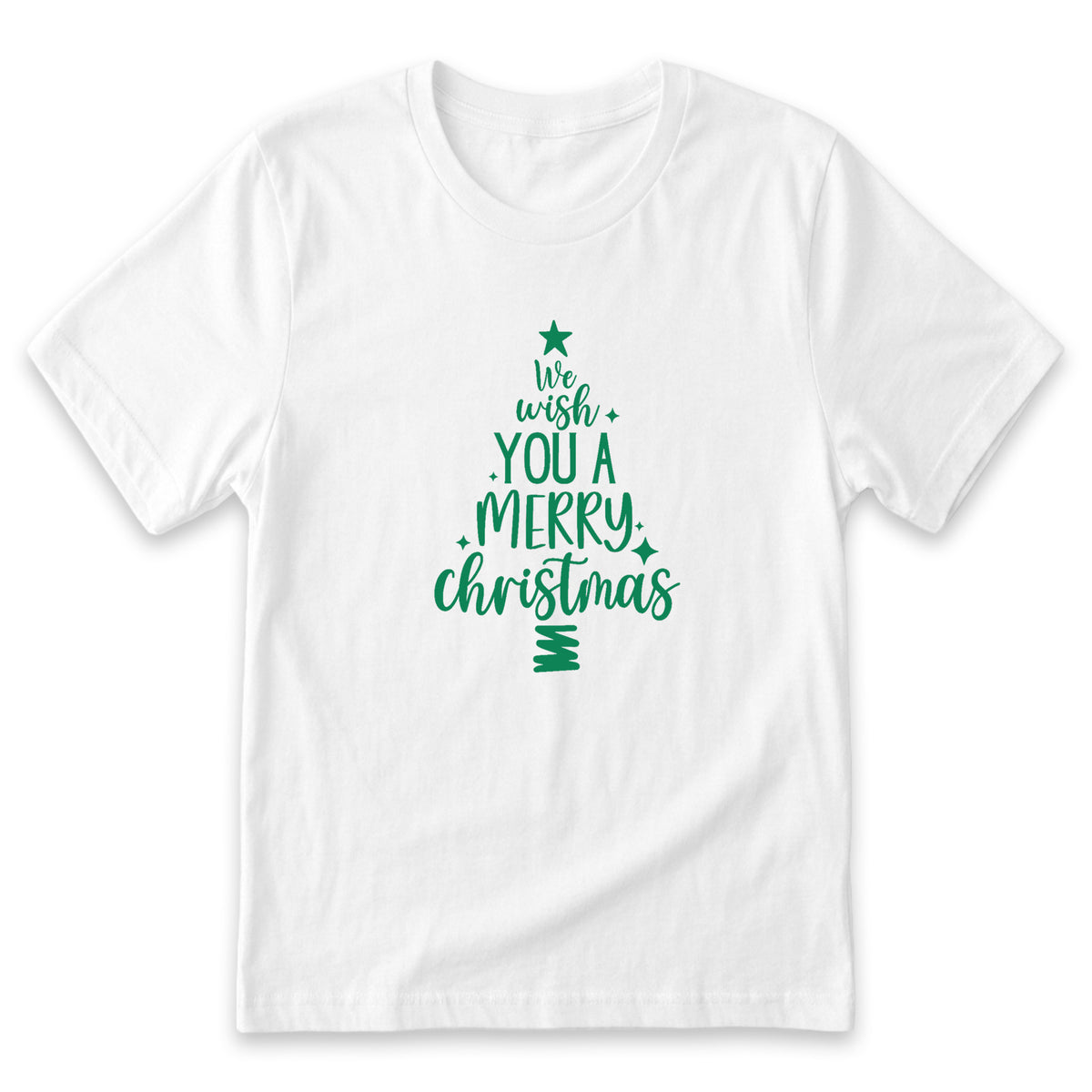 A white t-shirt with a green Christmas tree design and text printed on it.