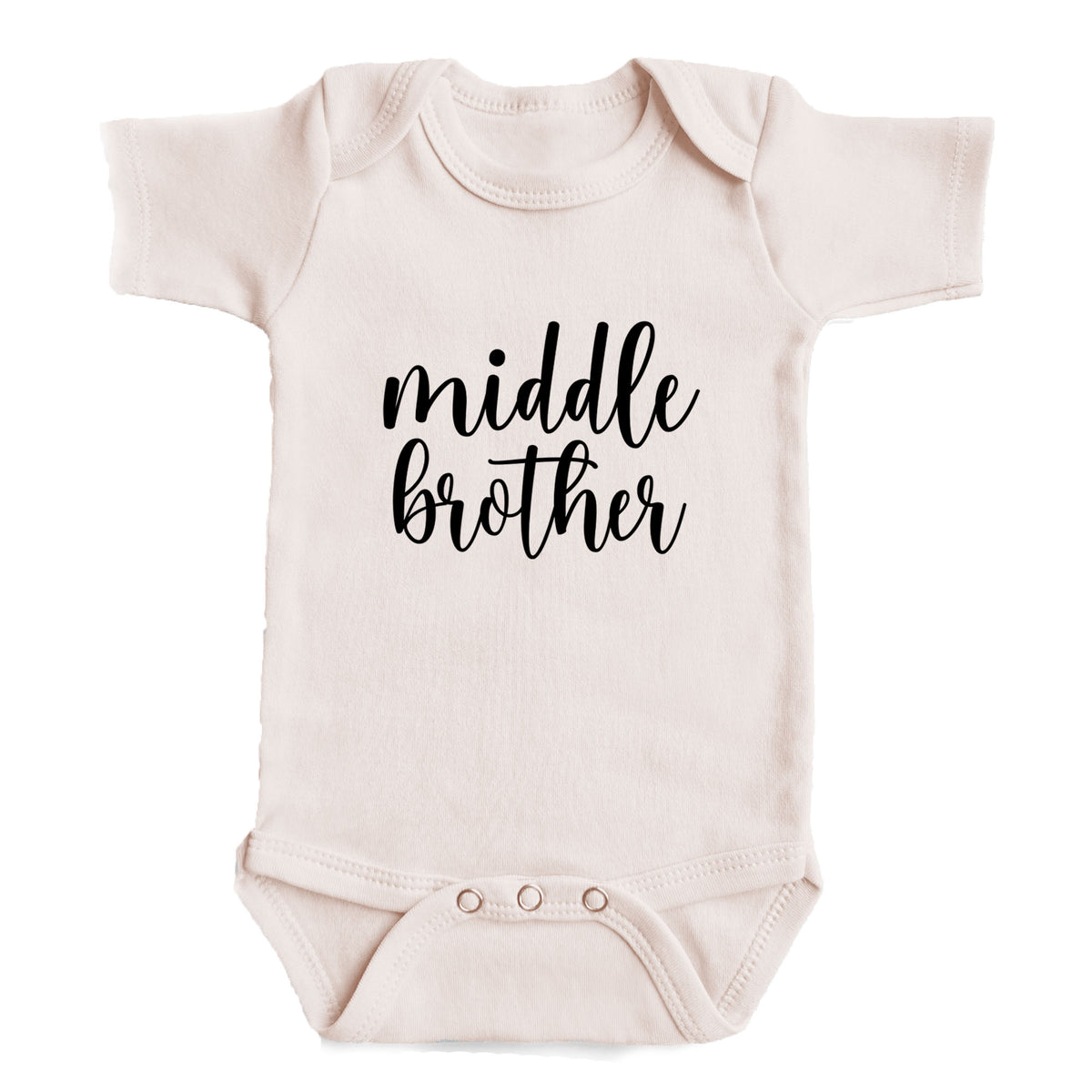 A baby onesie with the text "middle brother" printed on it.