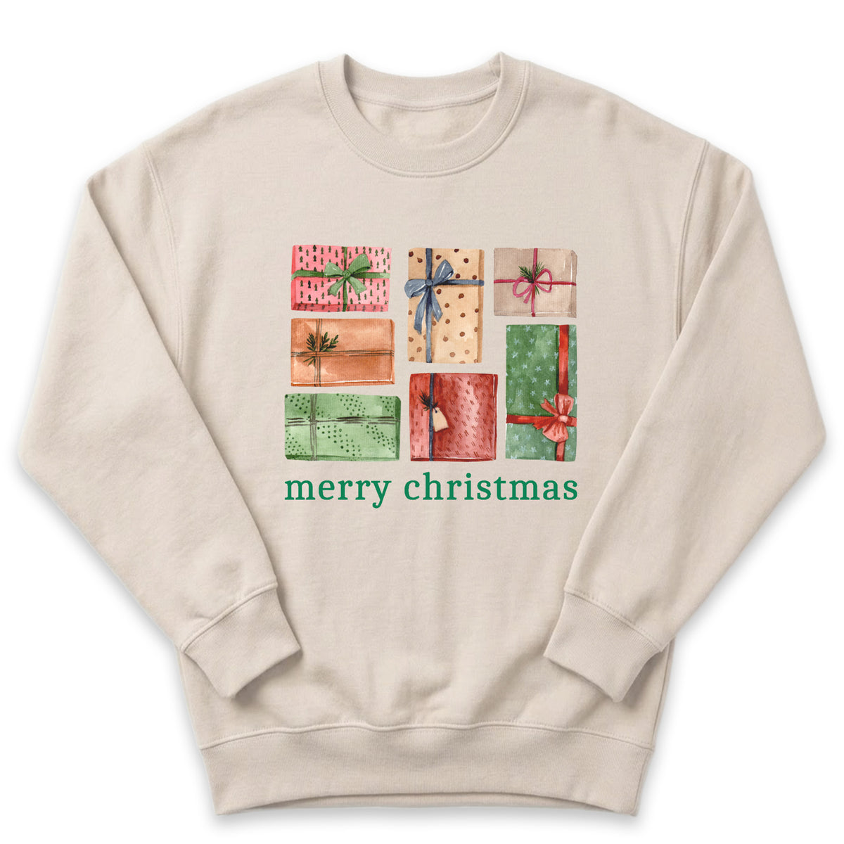 A beige sweater with a graphic design featuring a collage of colorful gift boxes with bows, along with the text "merry christmas" printed on it.