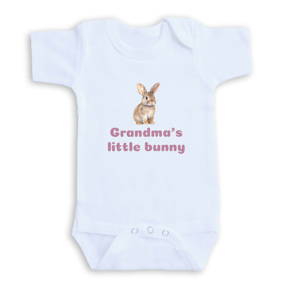 A white baby onesie with a printed image of a rabbit and the text "Grandma's little bunny" printed on it.