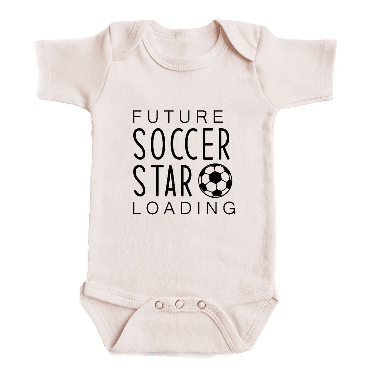 A baby onesie with the text "FUTURE SOCCER STAR LOADING" printed on it.