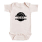 A white baby onesie with a black basketball graphic and the name "ADAM" printed on it.