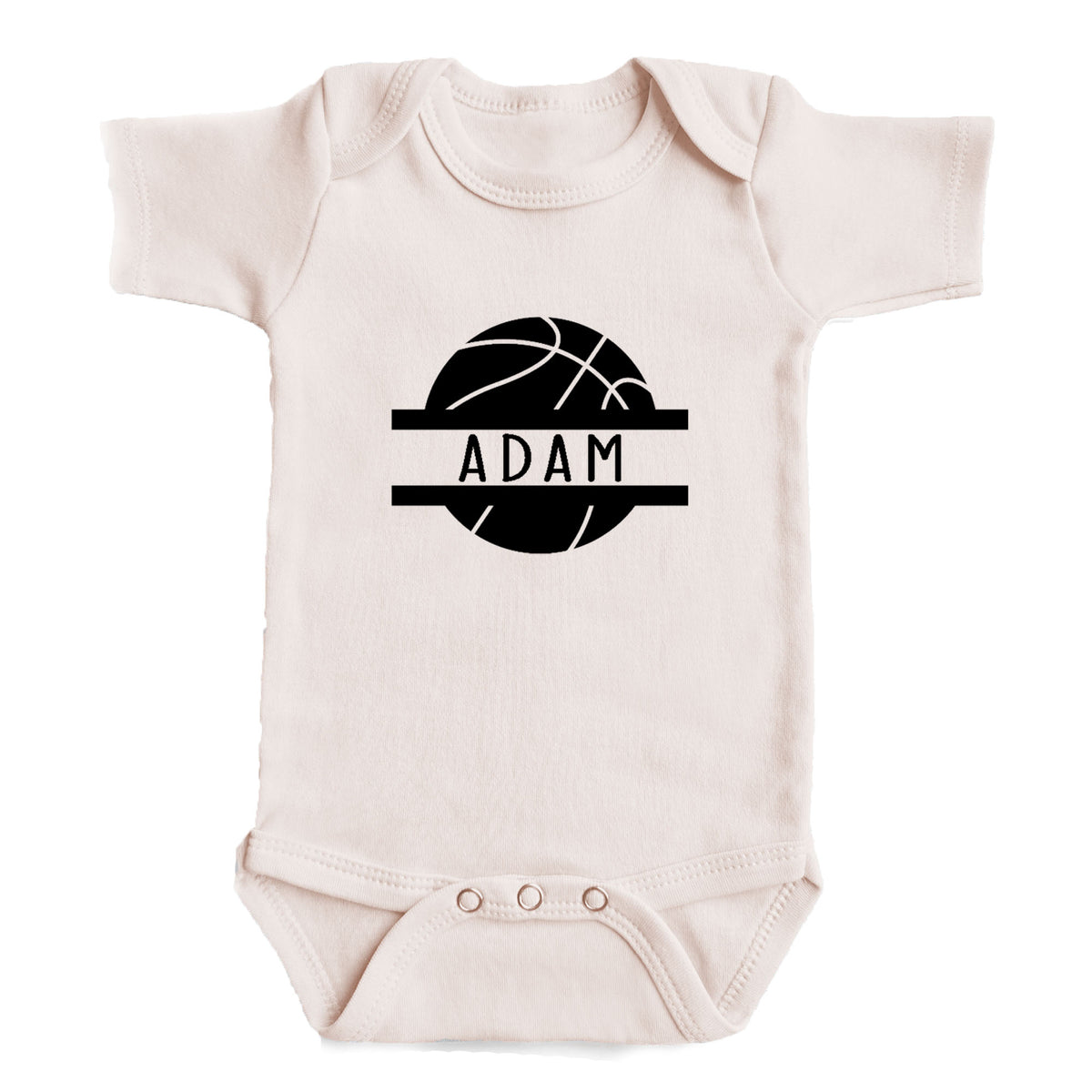 A white baby onesie with a black basketball graphic and the name "ADAM" printed on it.