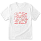 A white t-shirt with a red graphic design featuring various Christmas-themed icons and the text "merry and bright" printed on it.