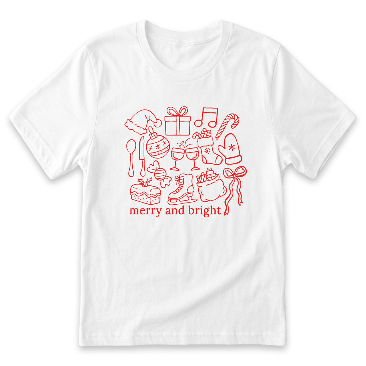 A white t-shirt with a red graphic design featuring various Christmas-themed icons and the text "merry and bright" printed on it.