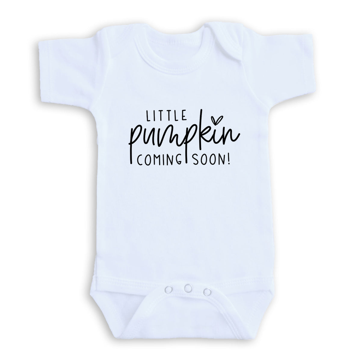 A white baby onesie with the text "LITTLE PUMPKIN COMING SOON!" printed on it.