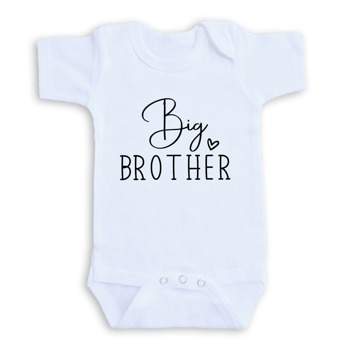 A white baby onesie with the text "Big Brother" printed on it.