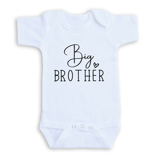 A white baby onesie with the text "Big Brother" printed on it.