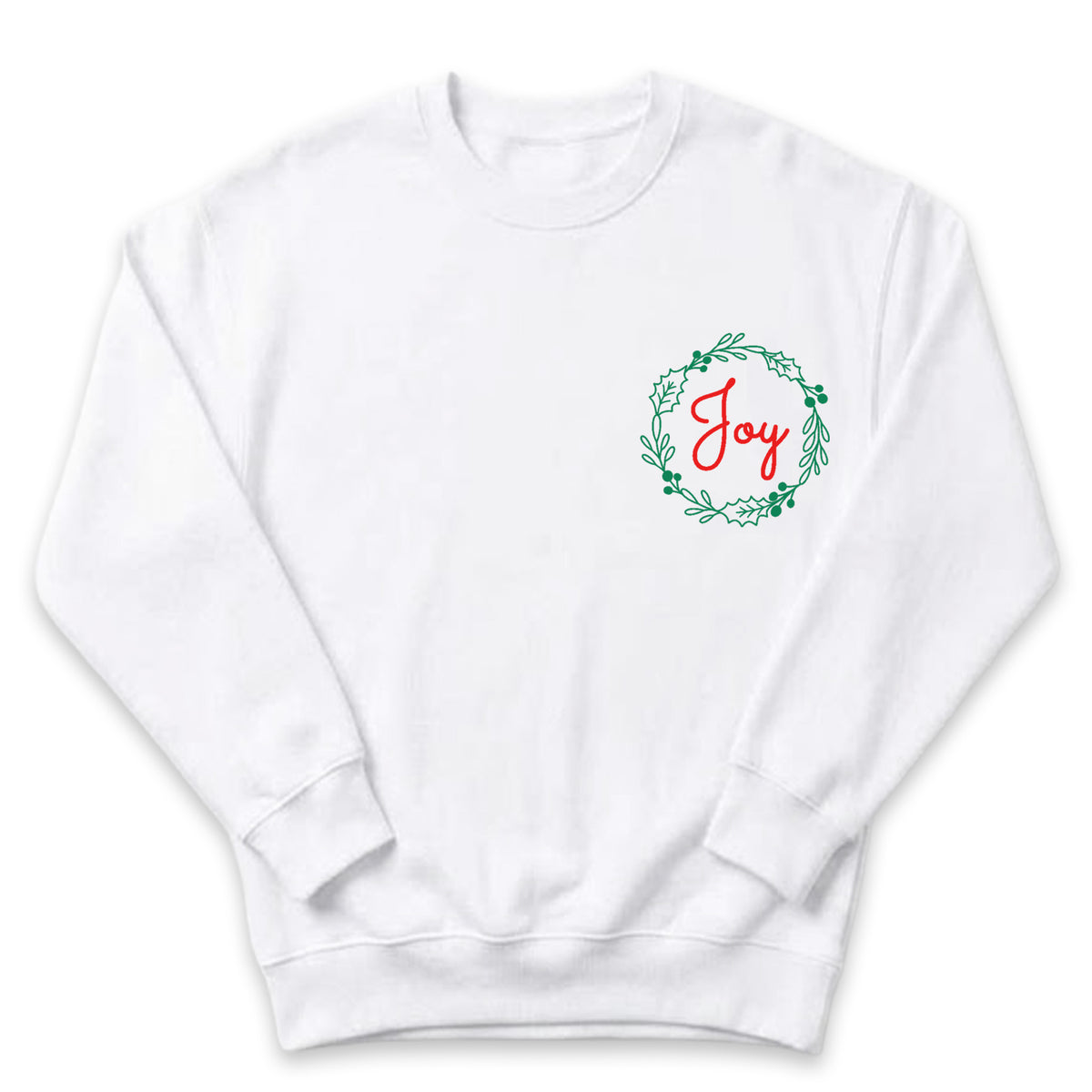 A white sweatshirt with a green wreath design and the word "Joy" written on it.