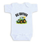 A white baby onesie with a graphic design of a tractor and the text "BIG BROTHER" printed on it.