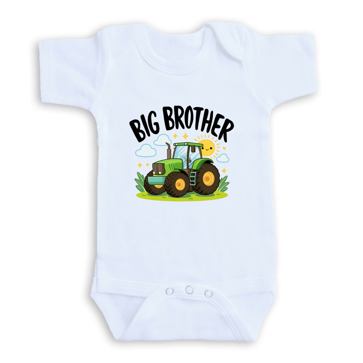 A white baby onesie with a graphic design of a tractor and the text "BIG BROTHER" printed on it.