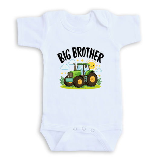 A white baby onesie with a graphic design of a tractor and the text "BIG BROTHER" printed on it.