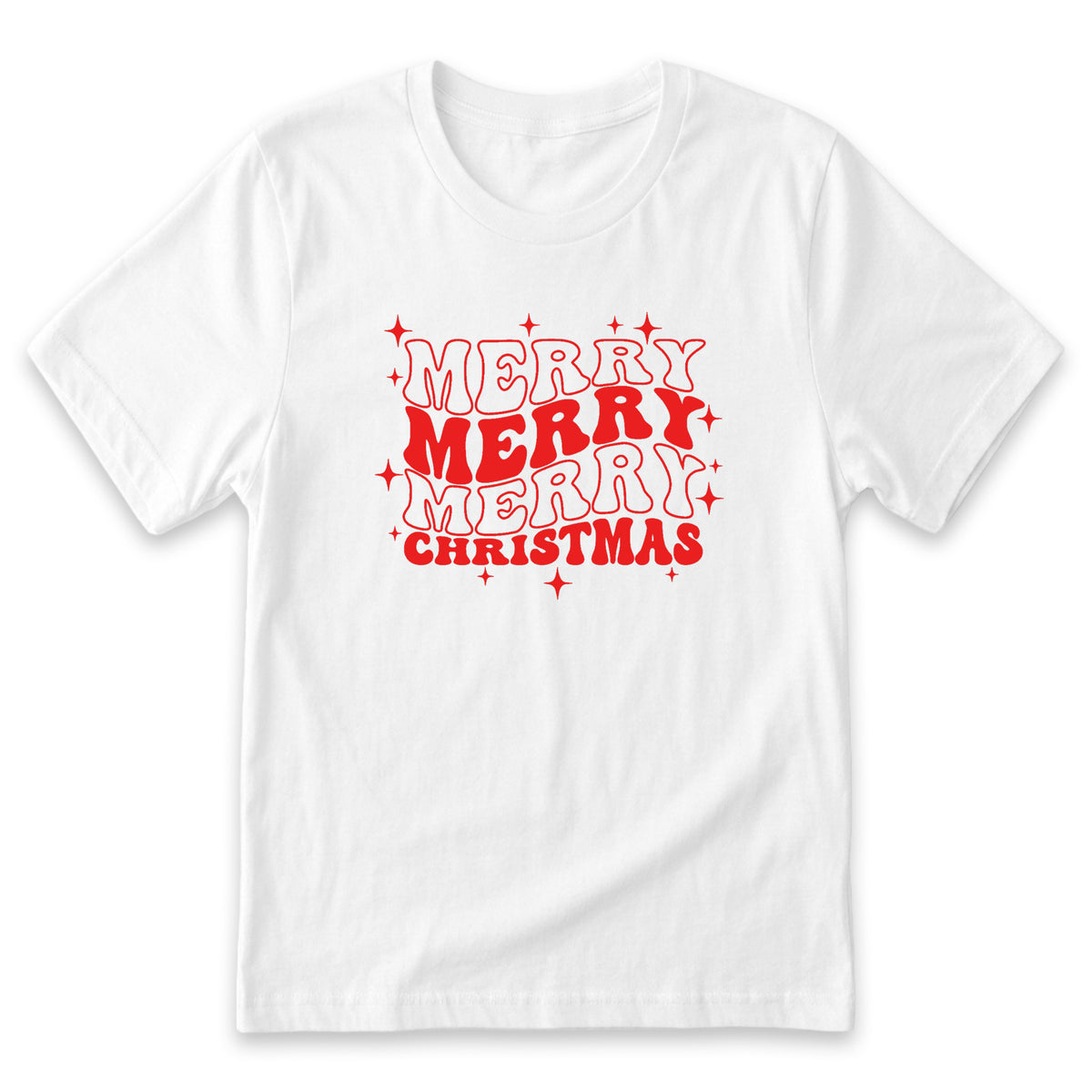 A white t-shirt with a red and white graphic design that says "MERRY MERRY CHRISTMAS" in a stylized font.