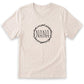 A beige t-shirt with a circular design featuring the word "NANA" surrounded by the names "Jacob, Lucy, Caleb, Noah, Grace, and Grace" in a stylized font.