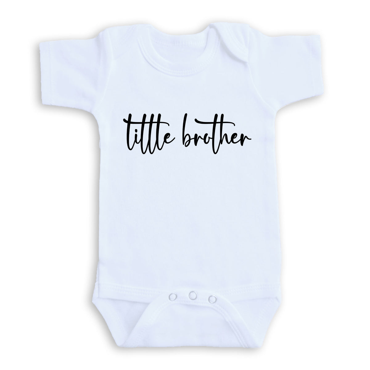 A white baby onesie with the text "title brother" printed on it.