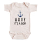 A baby onesie with the text "AHOY IT'S A BOY!" printed on it.