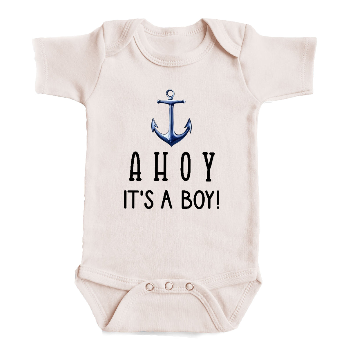 A baby onesie with the text "AHOY IT'S A BOY!" printed on it.