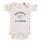 A baby onesie with the text "GRUMPY LITTLE BROTHER" printed on it.