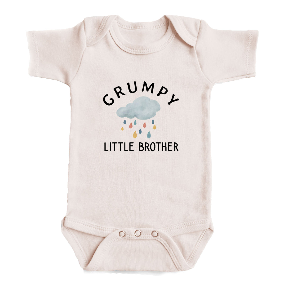 A baby onesie with the text "GRUMPY LITTLE BROTHER" printed on it.