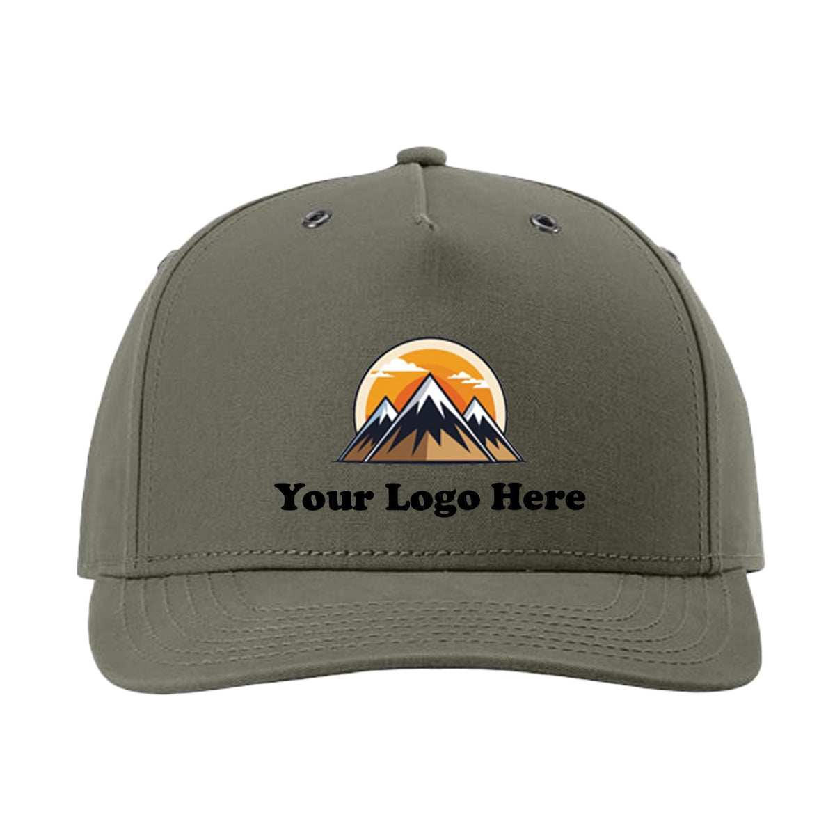A gray baseball cap with a mountain landscape and sun graphic printed on it.