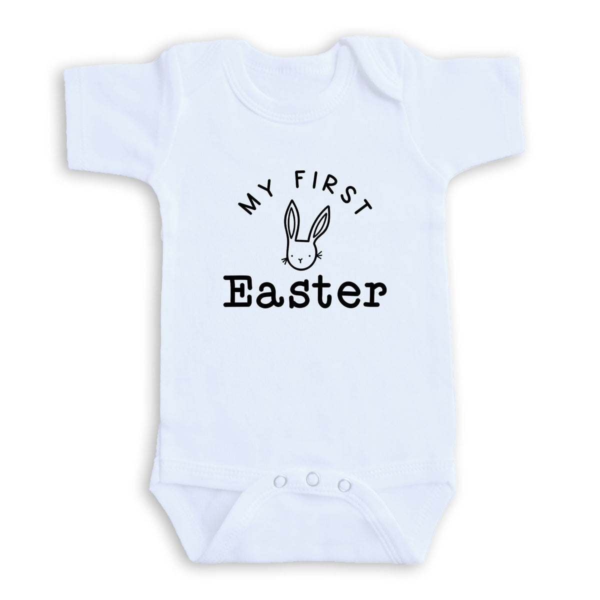 A white baby onesie with the text "My first Easter" printed on it.