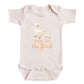 A baby onesie with a cartoon image of a mother duck and her duckling, along with the text "new to the flock" printed on it.