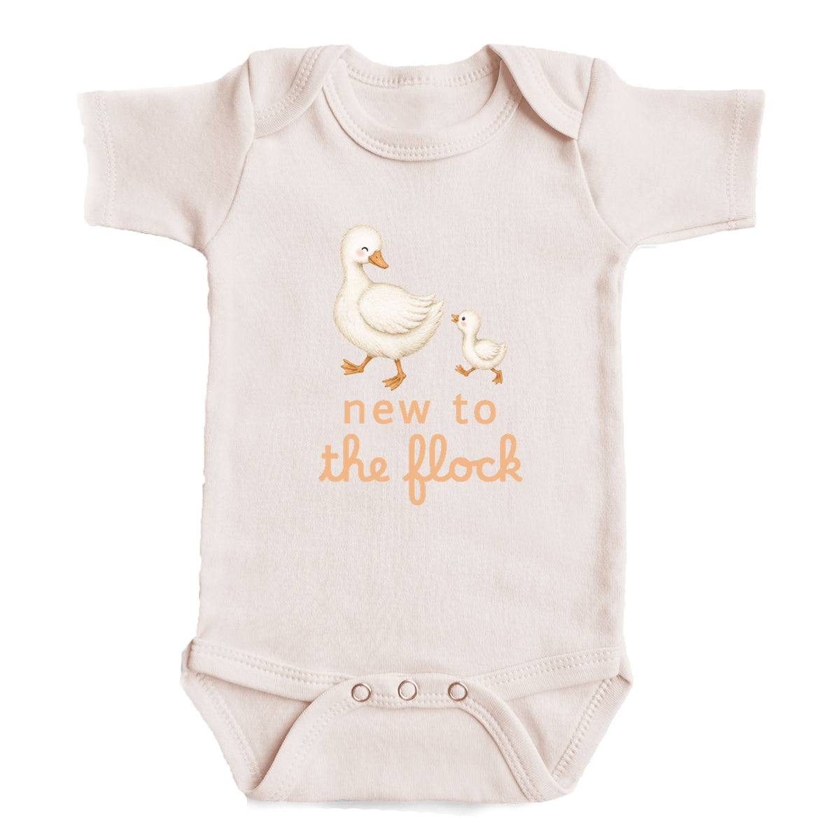 A baby onesie with a cartoon image of a mother duck and her duckling, along with the text "new to the flock" printed on it.
