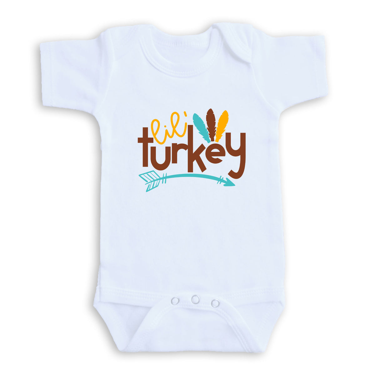 A white baby onesie with the text "Lil' turkey" printed on it.