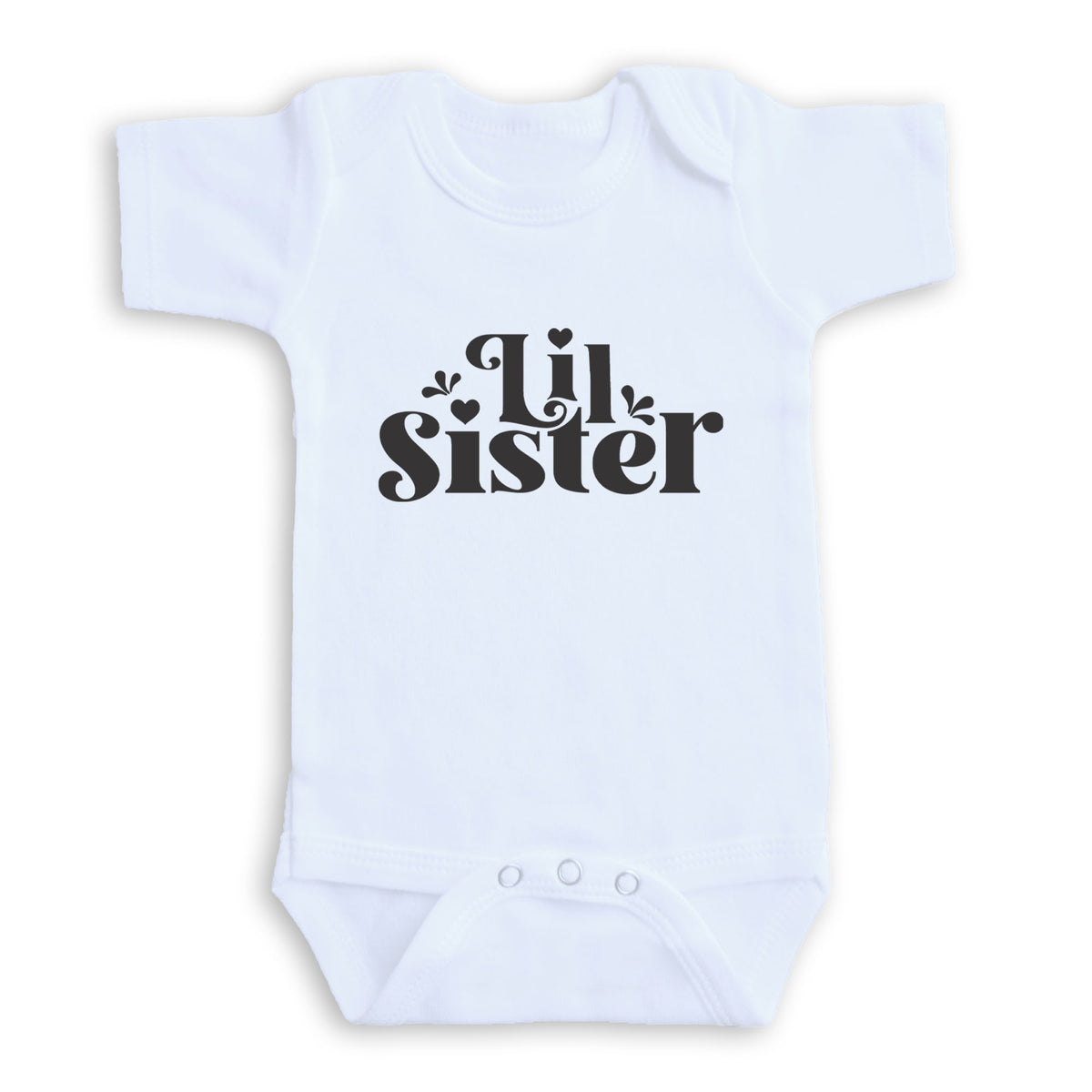 A white baby onesie with the text "Lil Sister" printed on it.