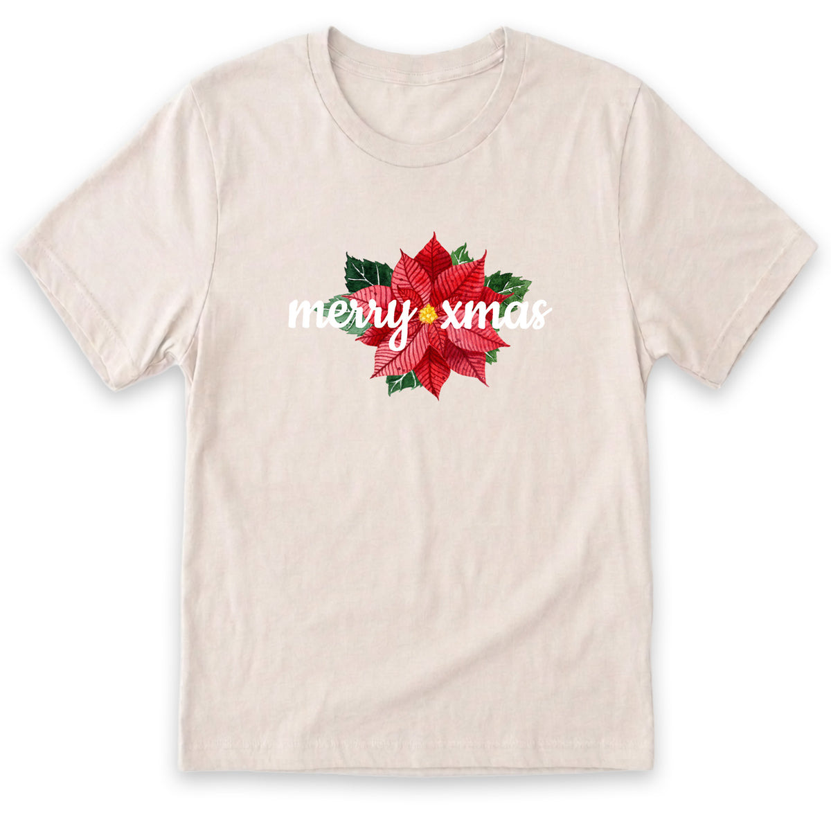 A beige t-shirt with a red poinsettia flower graphic and the text "merry xmas" printed on it.