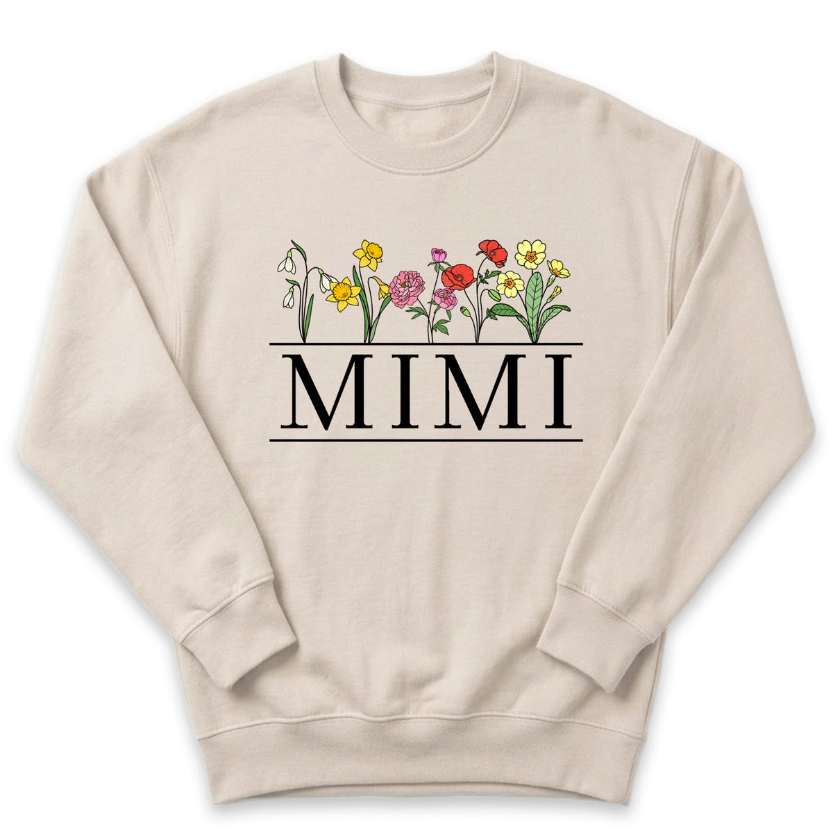 A beige sweatshirt with a graphic design featuring colorful flowers and the word "Mimi" printed on it.