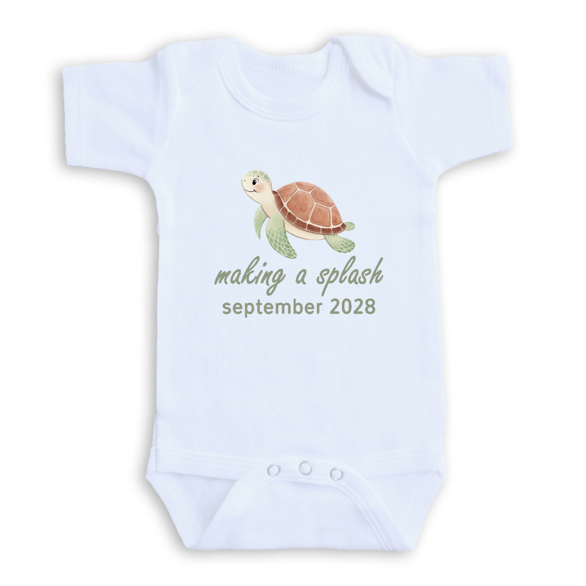 A white baby onesie with a graphic of a turtle and the text "making a splash September 2028" printed on it.