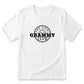A white t-shirt with a black graphic design featuring the text "THE COOL GRAMMY CLUB" in a circular shape.