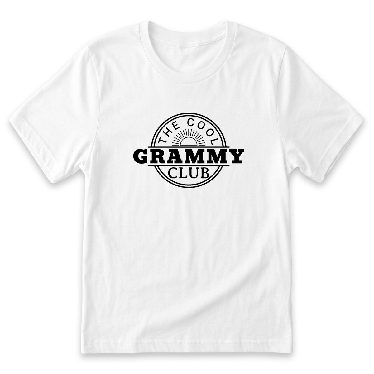 A white t-shirt with a black graphic design featuring the text "THE COOL GRAMMY CLUB" in a circular shape.