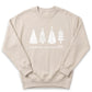 A beige sweatshirt with a graphic design featuring four stylized Christmas trees and the text "peace on earth" printed on it.